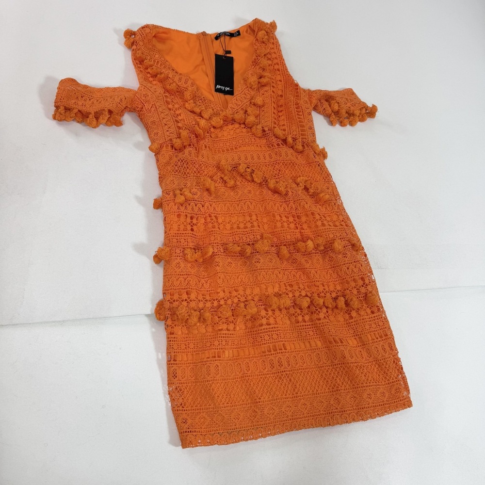 Nasty Gal Dress Womens 6 Orange Lace Cold‎ Shoulder Tassel Mini Party Cocktail
